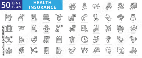 Health insurance icon set with premium, coverage, policyholder, deductible, copayment, claim, provider, network and benefit.