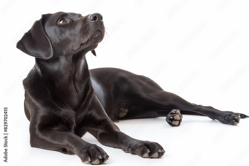 Obraz premium Full body studio portrait of a beautiful black Labrador dog. The dog is lying down and looking up over background of pastel shades, radiating charm and playfulness.