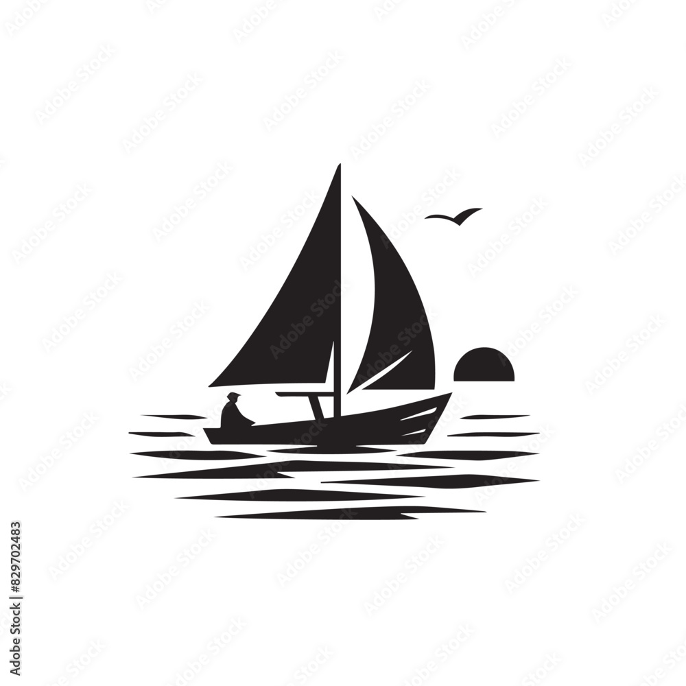 Sunset Sailboat Serenity: Minimalist Black and White Illustration. Silhouette of a Boat isolated on a White Background.