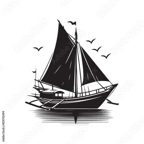 Stylized Black and White Sailboat Illustration. Silhouette of a Boat isolated on a White Background.
