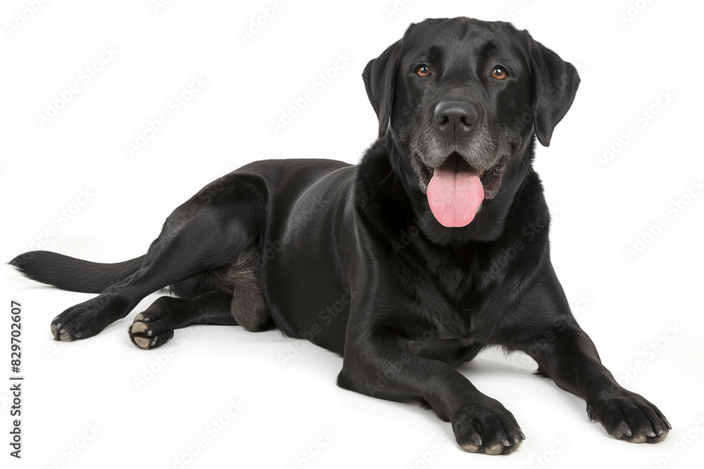 Full body studio portrait of a beautiful black Labrador dog. The dog is lying down and looking up over background of pastel shades, radiating charm and playfulness. Full body studio portrait of a beautiful black Labrador dog. The dog is lying down and looking up over background of pastel shades, radiating charm and playfulness.