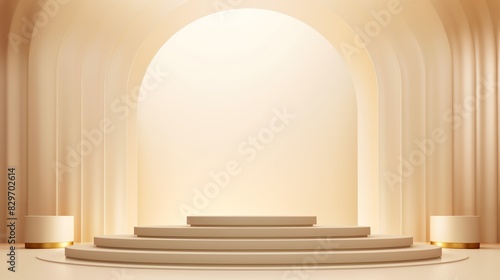 Elegant beige architectural arch with podium and light. Perfect for product display, ceremony backdrop, or luxurious settings decor.