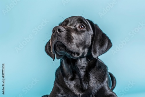 Full body studio portrait of a beautiful black Labrador dog. The dog is lying down and looking up over background of pastel shades, radiating charm and playfulness.