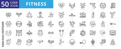 Fitness icon set with exercise, workout, strength, endurance, health, wellness, cardiovascular, muscle and aerobics.