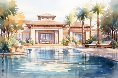 Luxurious resort with a serene pool surrounded by palm trees  perfect for a relaxing vacation in paradise. Modern design meets tropical elegance.