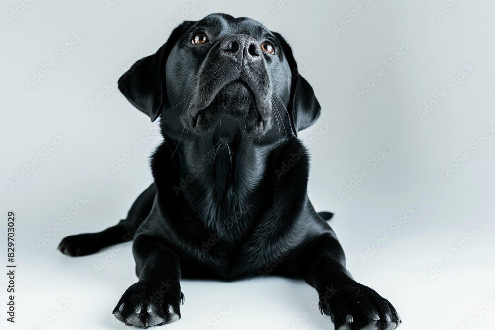 Full body studio portrait of a beautiful black Labrador dog. The dog is lying down and looking up over background of pastel shades, radiating charm and playfulness. Full body studio portrait of a beautiful black Labrador dog. The dog is lying down and looking up over background of pastel shades, radiating charm and playfulness.