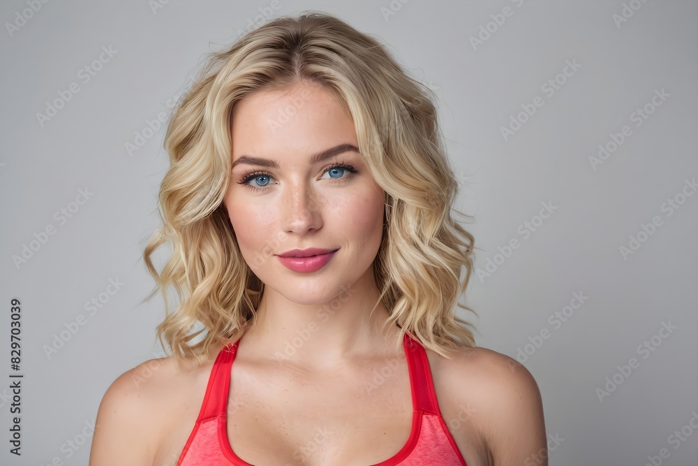 Beautiful fit woman with way blonde hair, and red lips wearing a red sport bra on gray background, studio shot Beautiful fit woman with way blonde hair, and red lips wearing a red sport bra on gray background, studio shot