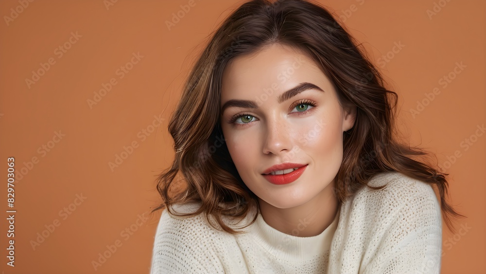Beautiful woman with brown hair, green eyes, and red lips wearing a white sweater on a orange background with copy space, studio shot Beautiful woman with brown hair, green eyes, and red lips wearing a white sweater on a orange background with copy space, studio shot
