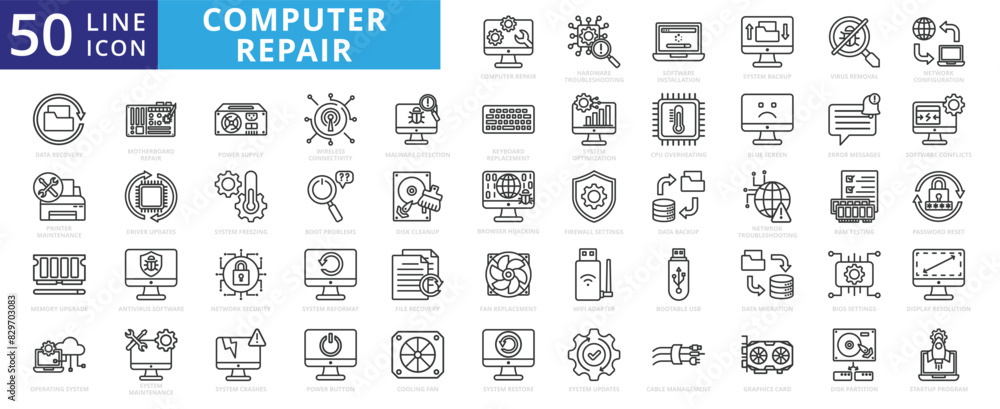 Computer repair icon set with hardware, troubleshooting, software, installation, system backup and virus removal.