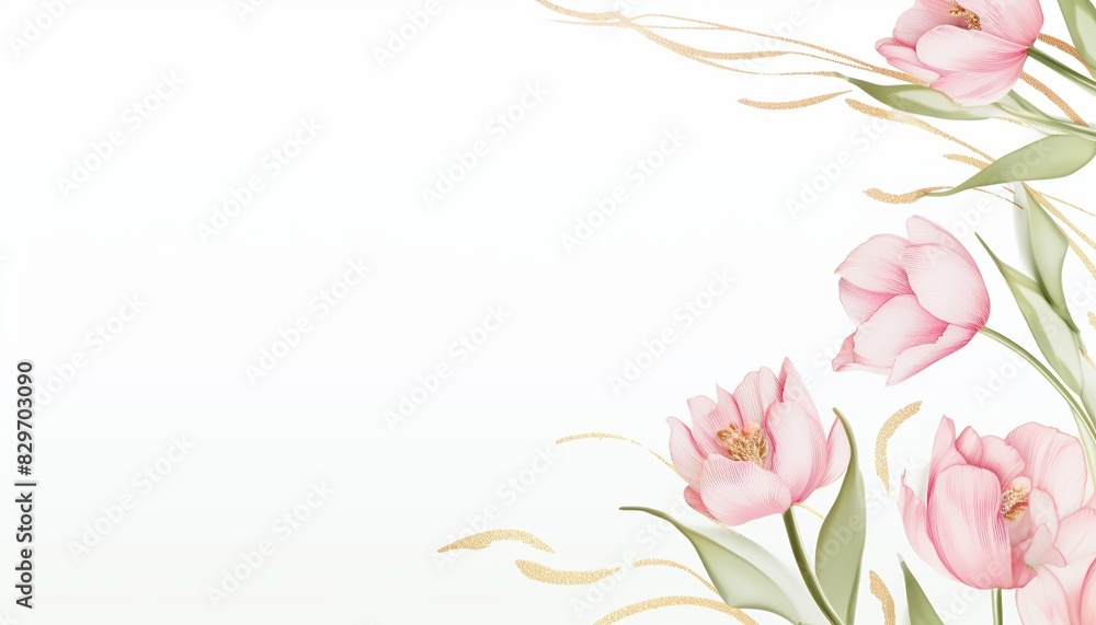 Naklejka premium Elegant floral design with pink tulips and green leaves on a white background. Perfect for invitations, greetings, and decorative purposes.