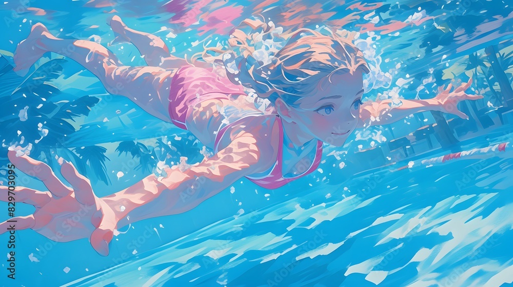 Fototapeta premium swimming in the pool, woman with long wavy red hair wearing a pink and blue pastel neon suit floating underwater, which in Generate AI