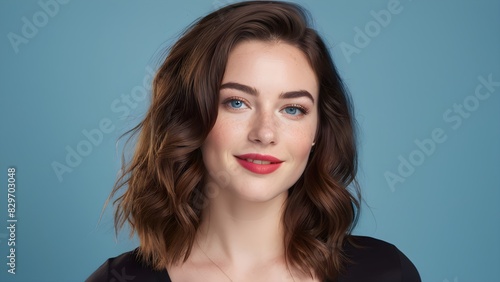 Beautiful woman with brown hair  blue eyes  and red lips wearing a black t-shirt on a blue background  studio shot
