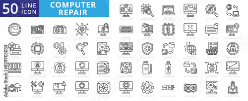 Computer repair icon set with hardware, troubleshooting, software, installation, system backup and virus removal.