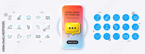 Phone mockup with 3d chat icon. Male female, Helping hand and Water drop line icons. Pack of Hamburger, Puzzle, Seo analytics icon. Journey, Porridge, Ice maker pictogram. Vector