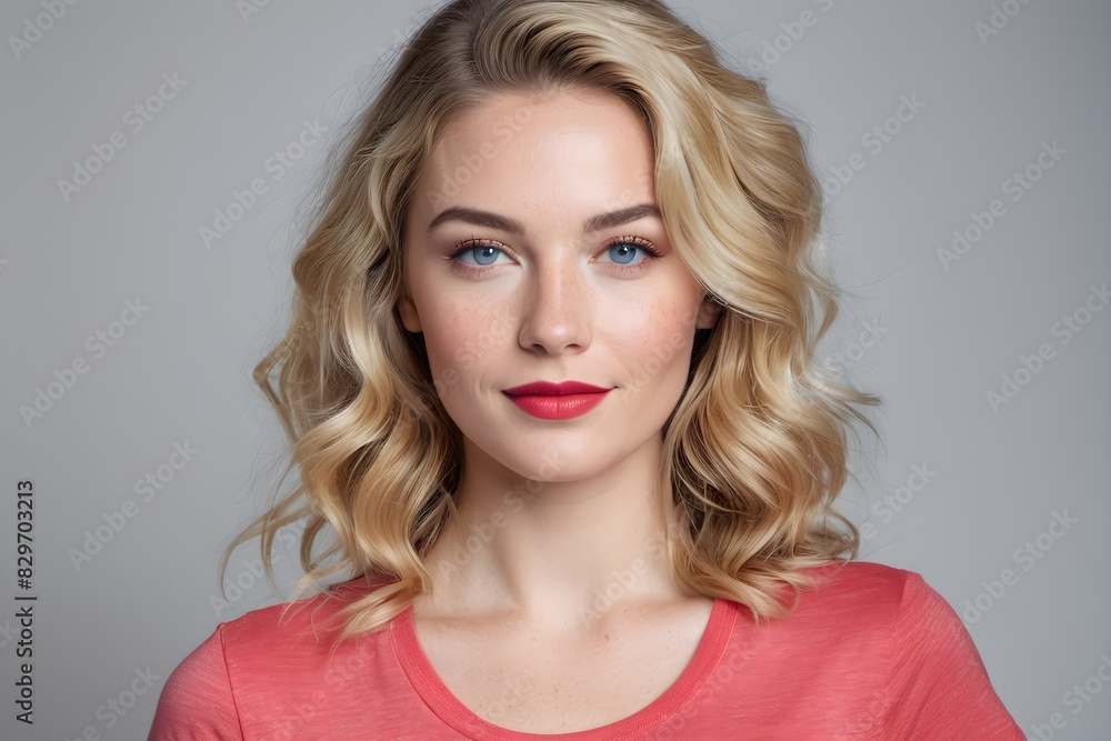 Portrait of a beautiful woman with way blonde hair, perfect skin, and red lips wearing t-shirt on a gray background, studio shot Portrait of a beautiful woman with way blonde hair, perfect skin, and red lips wearing t-shirt on a gray background, studio shot