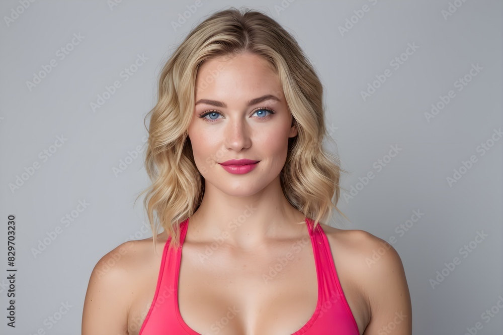Beautiful fit woman with way blonde hair, and red lips wearing a pink sport bra on gray background, studio shot Beautiful fit woman with way blonde hair, and red lips wearing a pink sport bra on gray background, studio shot