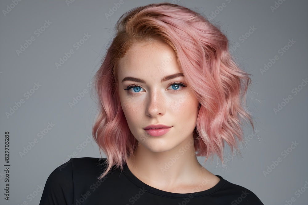 Portrait of a beautiful woman with pink hair, blue eyes, and red lips wearing a black t-shirt on a gray background Portrait of a beautiful woman with pink hair, blue eyes, and red lips wearing a black t-shirt on a gray background
