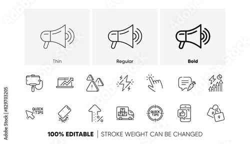 Cursor, Delivery truck and Attention line icons. Pack of Megaphone, Locks, Smartphone broken icon. Quick tips, Electricity consumption, Sales diagram pictogram. Power, Mobile like, Tips. Vector