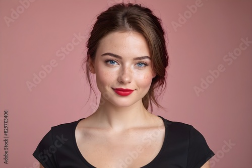 Portrait of a beautiful and cute woman with brunette hair  blue eyes  and red lips wearing a black t-shirt on a pink background