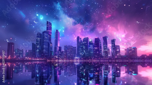 Abstract background of sci-fi big city with blue and purple