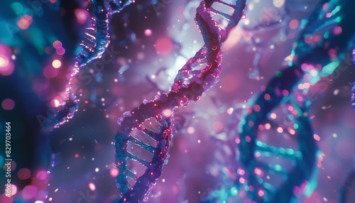 Abstract digital illustration of DNA strands against a vibrant purple and blue background with bokeh effect.