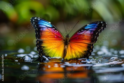 A colorful butterfly is floating on a body of water and bokeh