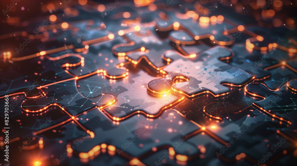 A puzzle made of electronic components with a bright orange light shining on it. Concept of complexity and mystery, as the puzzle pieces are made of various electronic components