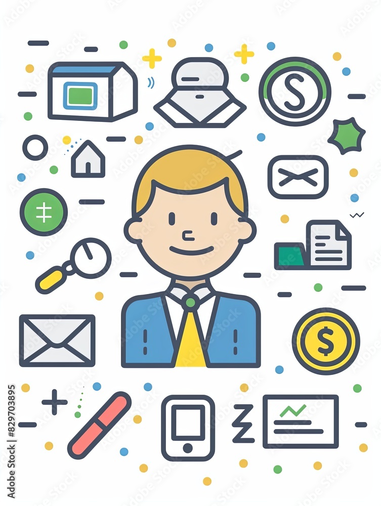 A man is smiling and surrounded by various icons, including a clock, a house A man is smiling and surrounded by various icons, including a clock, a house
