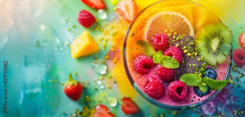 Close-up of a bowl of fresh berries and fruit with chia seeds and mint on a colorful background