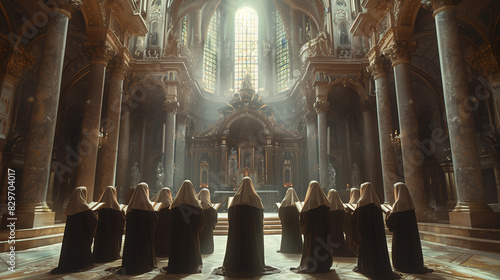 group of nun praying in the church photo