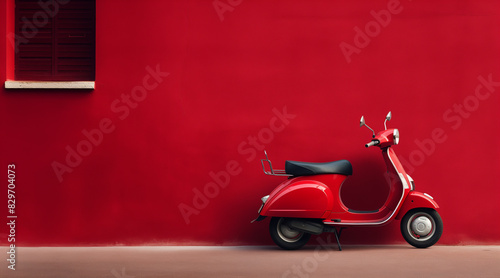 A vintage red scooter parked against a red wall, copy space