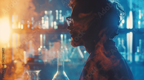 double exposure scientist conducts dangerous experiment in his lab photo