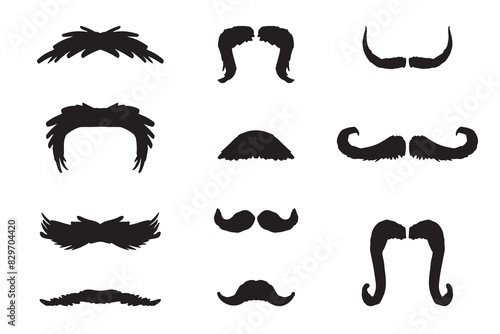 Set of mustache on a white background. Vintage mustache silhouette. Barber shop cartoon black beard label. Hipster style barber shop beard icon.