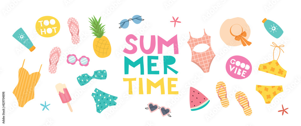 Summer time. Set of cute vector illustrations: watermelon, swimsuit, sunglasses, starfish, pineapple, flip flops, ice cream and etc. isolated on a white background for poster, card, banner, invitation