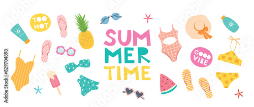 Summer time. Set of cute vector illustrations  watermelon  swimsuit  sunglasses  starfish  pineapple  flip flops  ice cream and etc. isolated on a white background for poster  card  banner  invitation