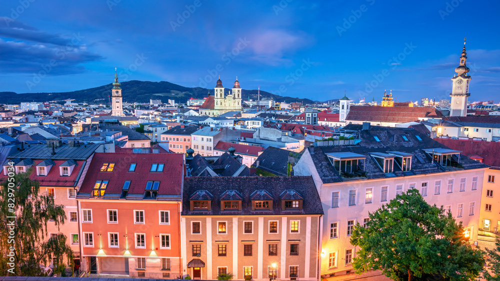 Linz, Austria. Aerial cityscape image of downtown Linz, Austria during spring sunset.