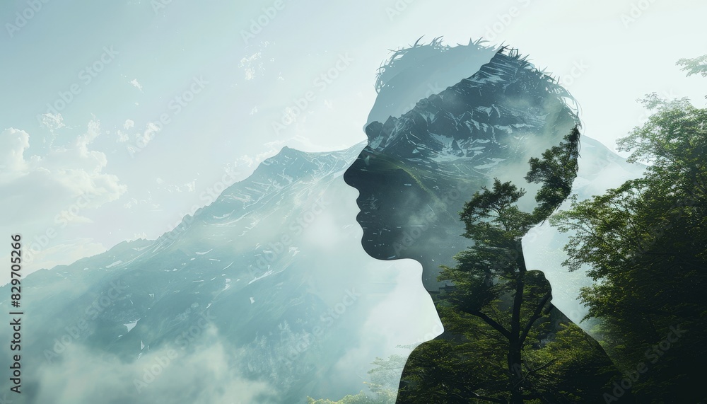 double exposure Tranquil scene of a man and nature together. double exposure Tranquil scene of a man and nature together.