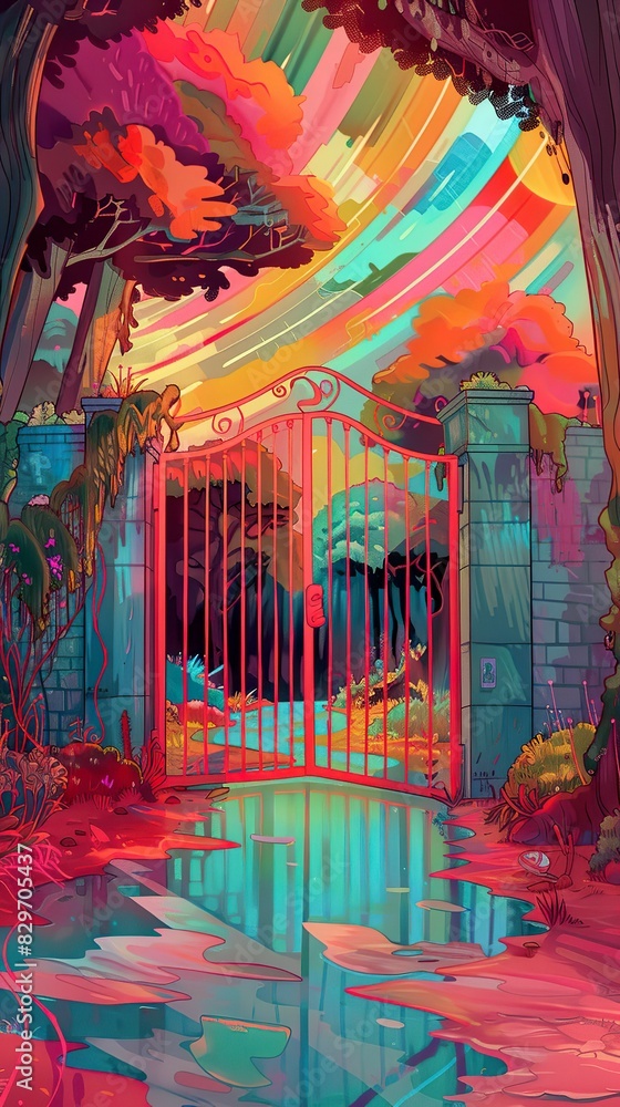 Business milestones marked by gates in a vast, mysterious garden, Progress, Fantasy, Watercolor Business milestones marked by gates in a vast, mysterious garden, Progress, Fantasy, Watercolor