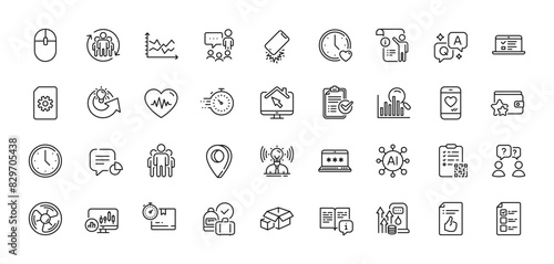Voting ballot, Qr code and Computer mouse line icons pack. AI, Question and Answer, Map pin icons. Web lectures, Teamwork, People chatting web icon. Time, Manual, Search pictogram. Vector