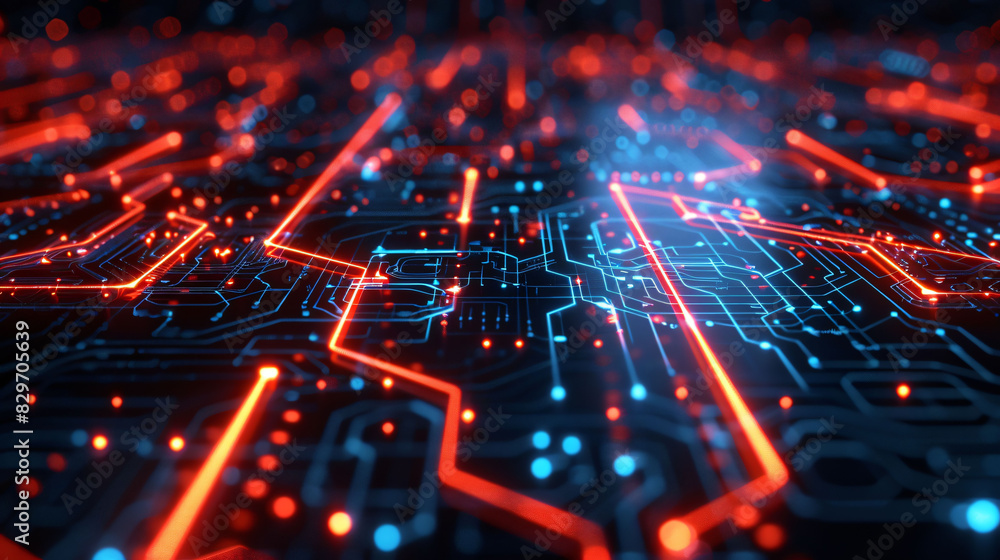 Glossy black surfaces with glowing red and blue neon lines, depicting a high-speed data network in motion. Glossy black surfaces with glowing red and blue neon lines, depicting a high-speed data network in motion.