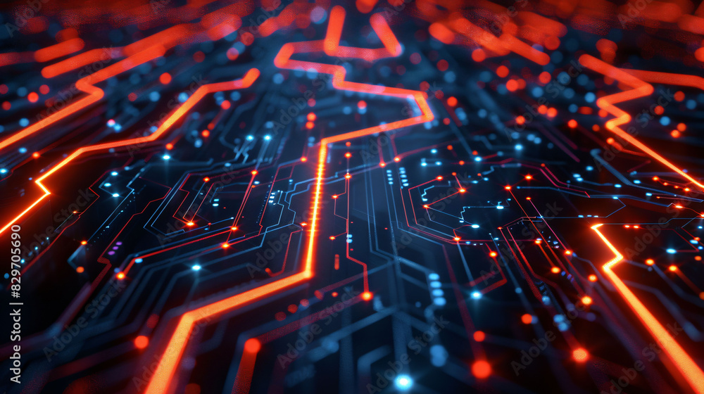 Glossy black surfaces with glowing red and blue neon lines, depicting a high-speed data network in motion. Glossy black surfaces with glowing red and blue neon lines, depicting a high-speed data network in motion.