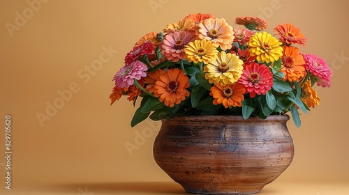 A vibrant bouquet of colorful flowers in a rustic brown vase against a warm-toned background, perfect for bringing life to any space. © Autaporn