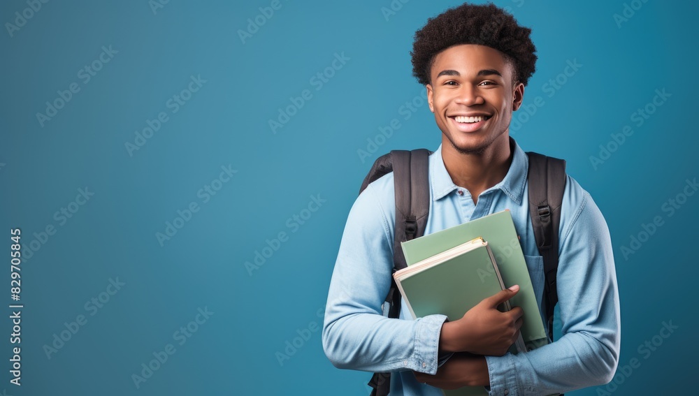 Happy African American student in glasses with books. Portrait of a black young man with textbooks in his hands on a blue background. Smiling boy with a backpack and notepads. Education concept. Happy African American student in glasses with books. Portrait of a black young man with textbooks in his hands on a blue background. Smiling boy with a backpack and notepads. Education concept.
