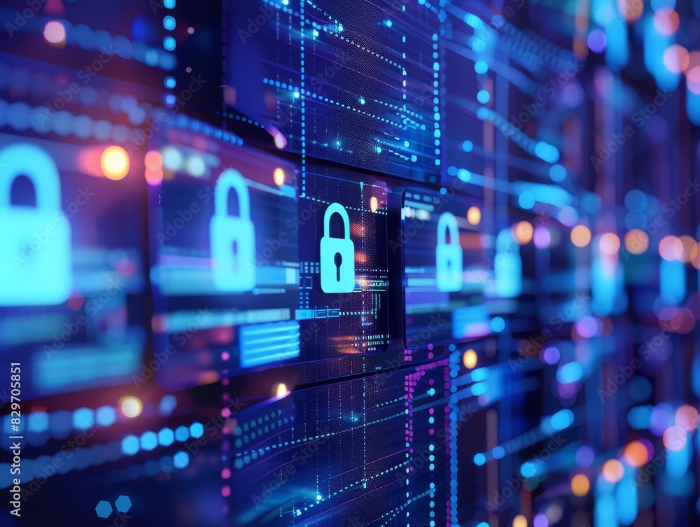 Securing Cyberspace, Cybersecurity and Data Privacy Concept with Futuristic Web Services and Locks. Complex network in a digital system, highlighting digital security and AI concepts Securing Cyberspace, Cybersecurity and Data Privacy Concept with Futuristic Web Services and Locks. Complex network in a digital system, highlighting digital security and AI concepts