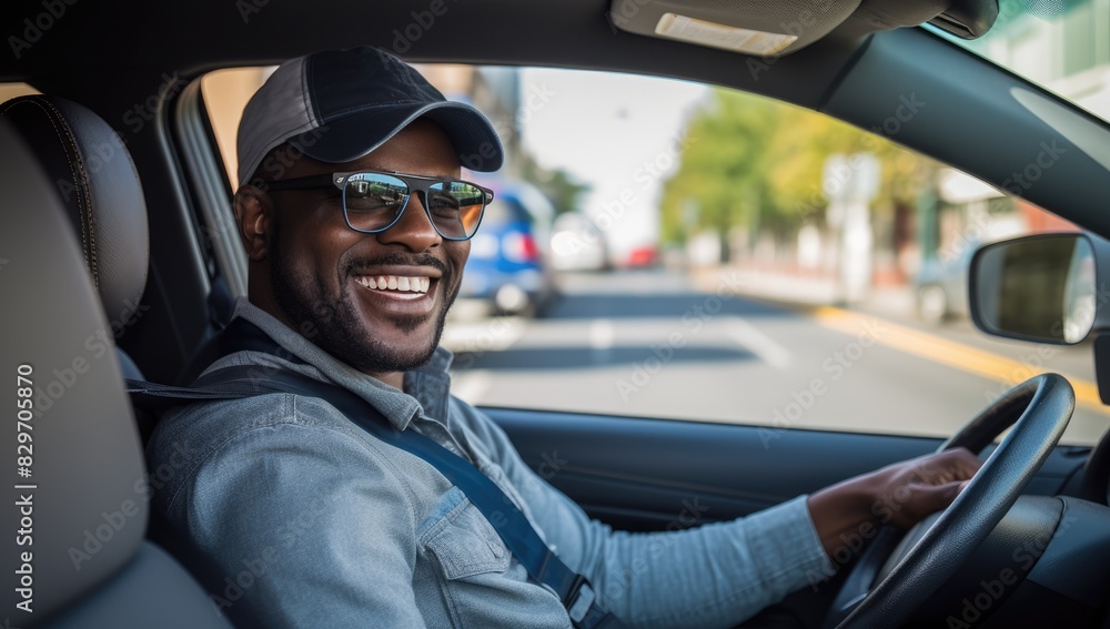 Side portrait of happy african american man driving car Side portrait of happy african american man driving car