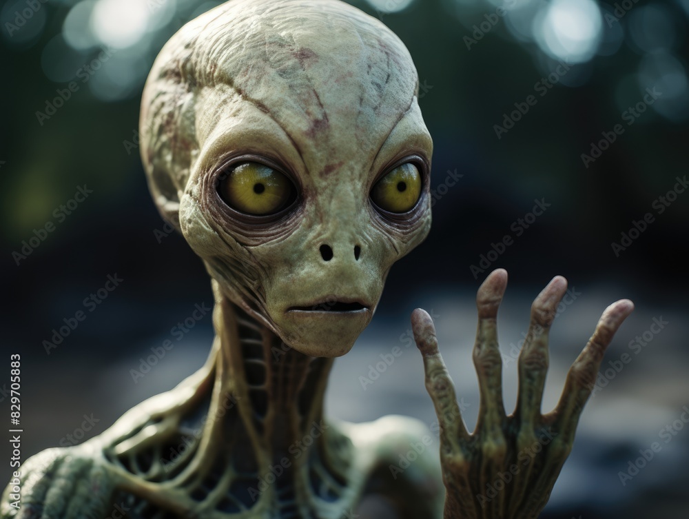 An alien against the backdrop of an atmospheric dark sky. UFO day An alien against the backdrop of an atmospheric dark sky. UFO day