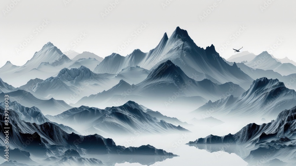 Captivating monochrome digital art of misty mountains with serene lake and solitary bird. Perfect for nature, landscape, and tranquility themes.