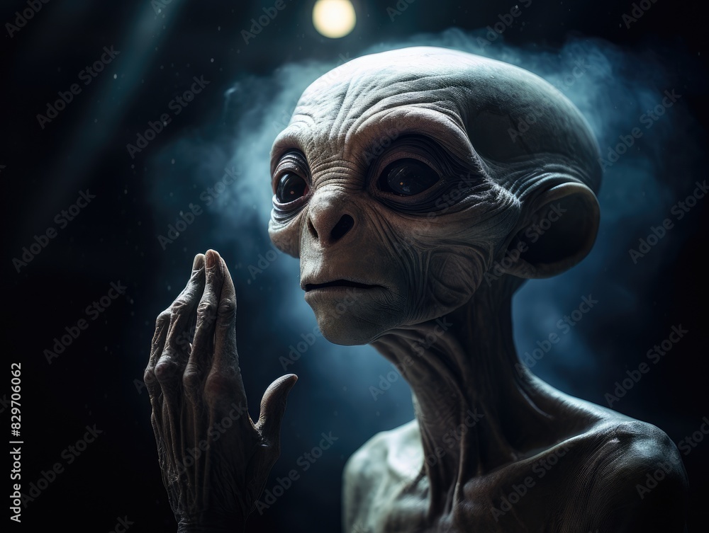 An alien against the backdrop of an atmospheric dark sky. UFO day An alien against the backdrop of an atmospheric dark sky. UFO day