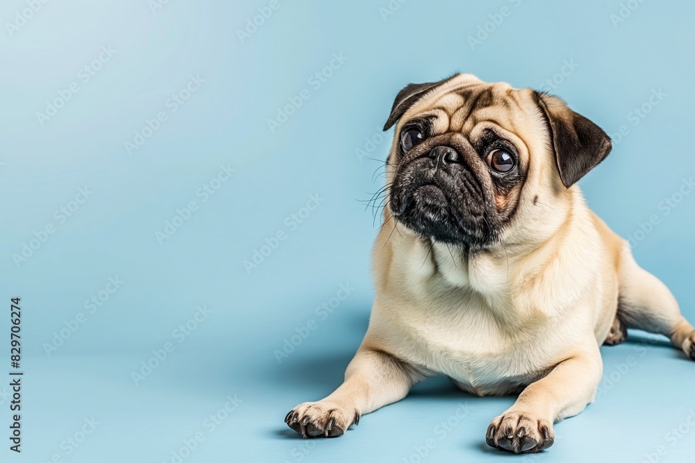Full body studio portrait of a beautiful pug dog. The dog is lying down and looking up over a background of pastel shades, radiating charm and playfulness. Full body studio portrait of a beautiful pug dog. The dog is lying down and looking up over a background of pastel shades, radiating charm and playfulness.