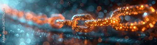 Close-up of illuminated golden chain links on dark background, symbolizing strength, connection, and unity with bokeh effect. photo